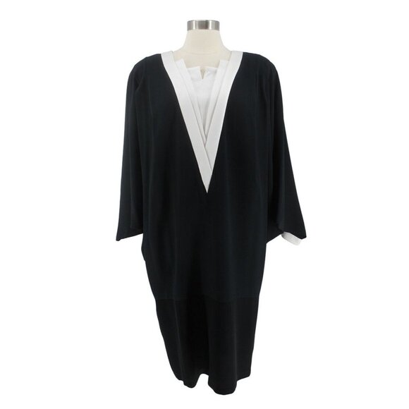 Vintage 80s Daymor Couture Black White Crepe Batwing Dress Size M Hong Kong